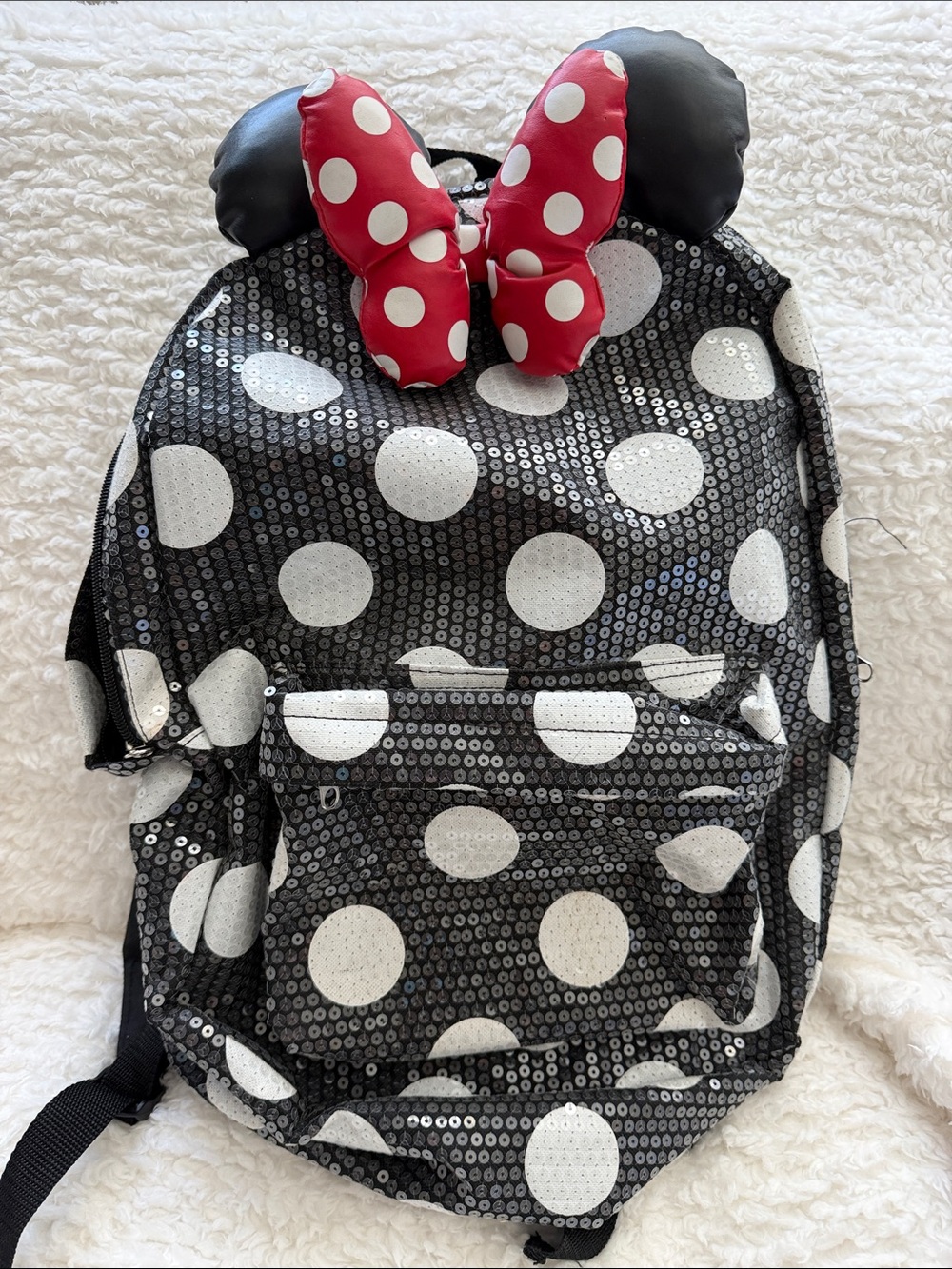 Disney Minnie mouse black & White Polka Dot Sequin Backpack with Red Bow